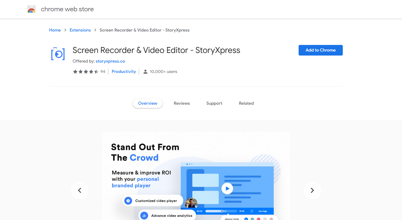 The landing page of a Chrome Extension - StoryXpress Recorder