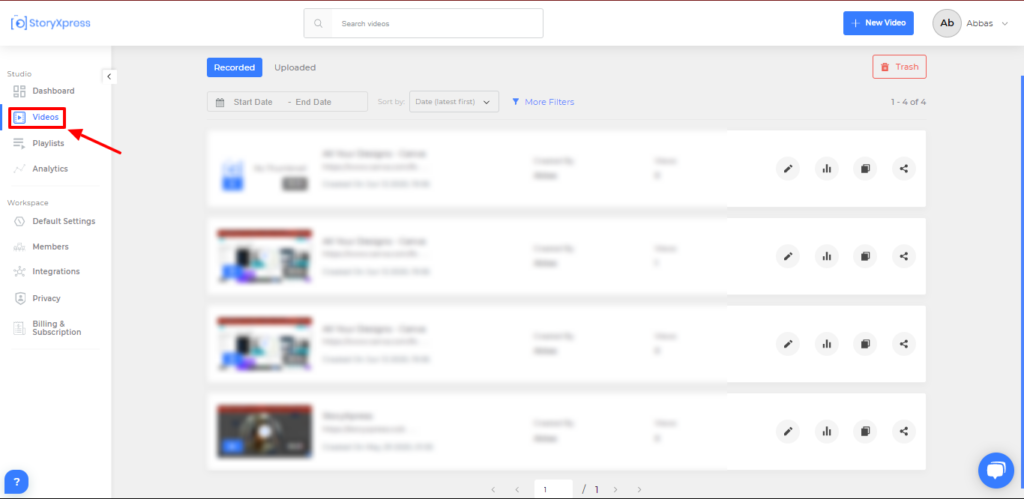StoryXpress Dashboard Videos Section